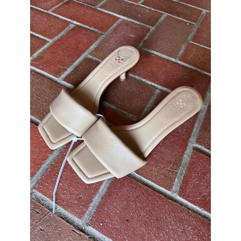 Vince Camuto Vernani Tortilla Beige Leather Square Toe Kitten Heel Mules Size 8M